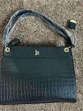 NET London Fog Brielle Croco Satchel Handbag - Black Triple Section Purse